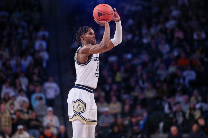 Jan 20, 2024; Atlanta, Georgia, USA; Georgia Tech Yellow Jackets guard Miles Kelly (13) shoots against the Virginia Cavaliers in the second half at McCamish Pavilion. Mandatory Credit: Brett Davis-USA TODAY Sports