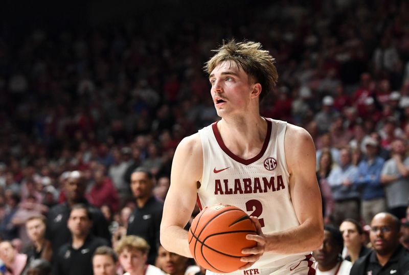 Feb 21, 2024; Tuscaloosa, Alabama, USA; Alabama Crimson Tide forward Grant Nelson (2) shoots during the second half against the Florida Gators at Coleman Coliseum. Mandatory Credit: Gary Cosby Jr.-USA TODAY Sports