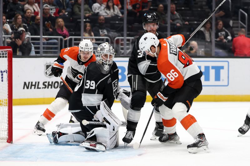 Nov 11, 2023; Los Angeles, California, USA;  Philadelphia Flyers left wing Joel Farabee (86) attempts to score as Los Angeles Kings goaltender Cam Talbot (39) defends the goal during the third period at Crypto.com Arena. Mandatory Credit: Kiyoshi Mio-USA TODAY Sports