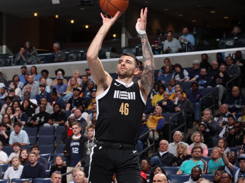 MEMPHIS, TN - MARCH 8: John Konchar #46 of the Memphis Grizzlies shoots the ball during the game against the Atlanta Hawks on March 8, 2024 at FedExForum in Memphis, Tennessee. NOTE TO USER: User expressly acknowledges and agrees that, by downloading and or using this photograph, User is consenting to the terms and conditions of the Getty Images License Agreement. Mandatory Copyright Notice: Copyright 2024 NBAE (Photo by Joe Murphy/NBAE via Getty Images)