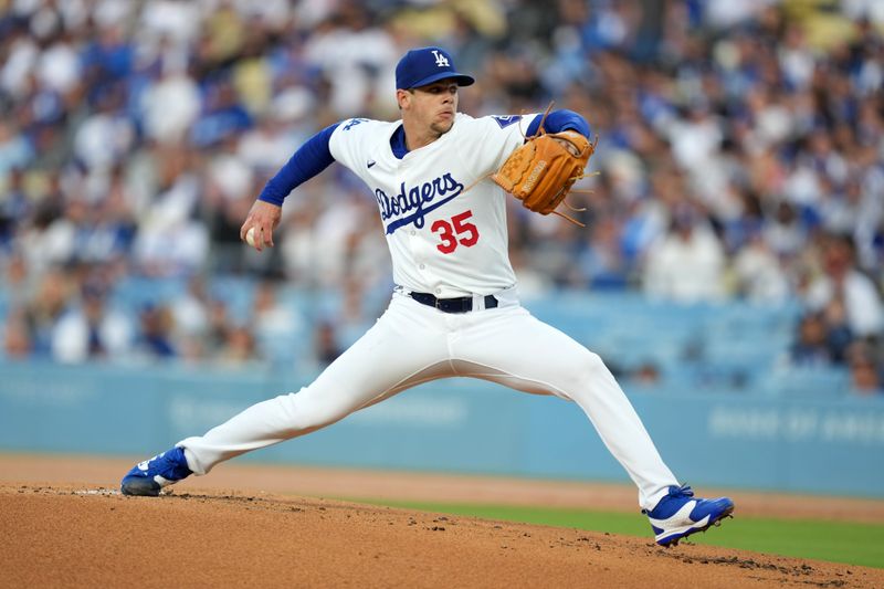 May 21, 2024; Los Angeles, California, USA; Los Angeles Dodgers pitcher Gavin Stone (35) throws in the first inning against the Arizona Diamondbacks at Dodger Stadium. Mandatory Credit: Kirby Lee-USA TODAY Sports