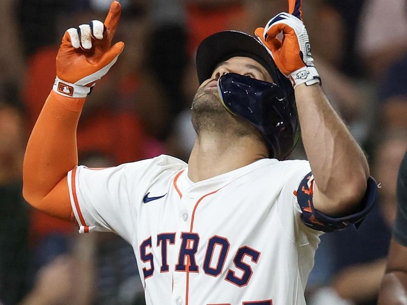 May 29, 2025; Houston, Texas, USA; Houston Astros designated hitter Jose Altuve (27) reacts to his home run against the Tampa Bay Rays  in the sixth inning at Daikin Park. Mandatory Credit: Thomas Shea-Imagn Images