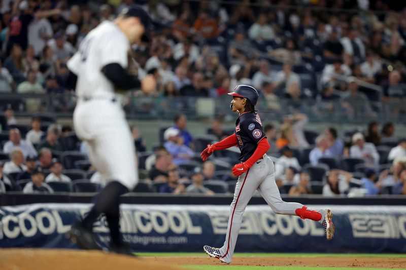 Aug 22, 2023; Bronx, New York, USA; Washington Nationals shortstop CJ Abrams (5) rounds the bases after hitting a solo home run against New York Yankees relief pitcher Tommy Kahnle (41) during the eighth inning at Yankee Stadium. Mandatory Credit: Brad Penner-USA TODAY Sports