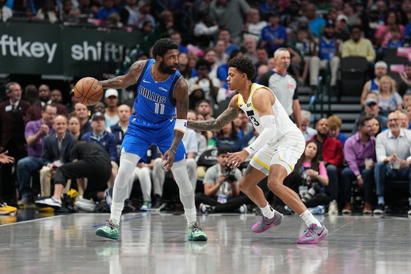 DALLAS, TX - OCTOBER 28: Kyrie Irving #11 of the Dallas Mavericks dribbles the ball during the game against the Utah Jazz on October 28, 2024 at American Airlines Center in Dallas, Texas. NOTE TO USER: User expressly acknowledges and agrees that, by downloading and or using this photograph, User is consenting to the terms and conditions of the Getty Images License Agreement. Mandatory Copyright Notice: Copyright 2024 NBAE (Photo by Glenn James/NBAE via Getty Images)