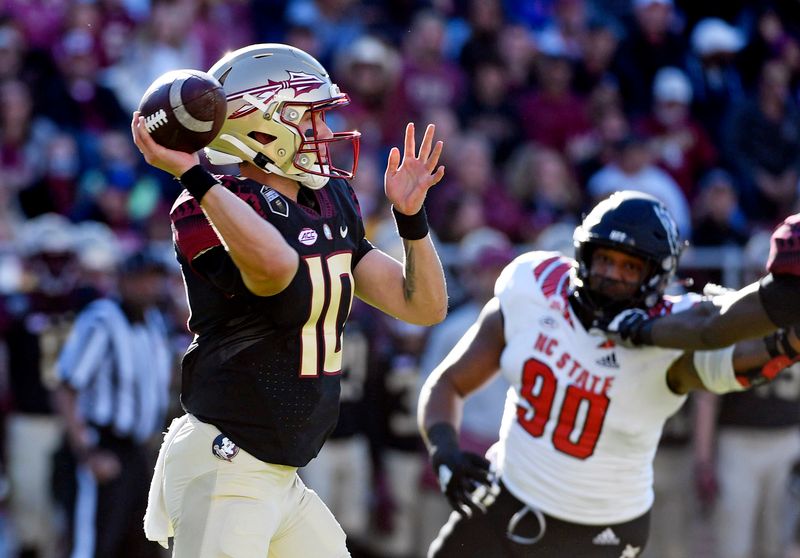 Nov 6, 2021; Tallahassee, Florida, USA; Florida State Seminoles quarterback McKenzie Milton (10) throws during the first quarter against the North Carolina State Wolfpack at Doak S. Campbell Stadium. Mandatory Credit: Melina Myers-USA TODAY Sports