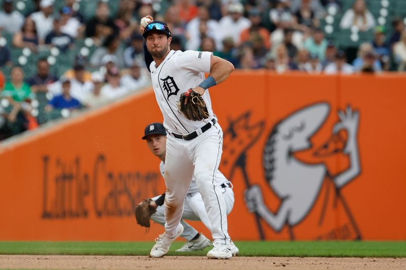 Aug 6, 2023; Detroit, Michigan, USA; Detroit Tigers third baseman Matt Vierling (8) makes a throw in the sixth inning against the Tampa Bay Rays at Comerica Park. Mandatory Credit: Rick Osentoski-USA TODAY Sports