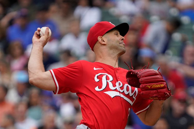 Sep 27, 2024; Chicago, Illinois, USA; Cincinnati Reds pitcher Nick Martinez (28) throws the ball against the Chicago Cubs during the first inning at Wrigley Field. Mandatory Credit: David Banks-Imagn Images