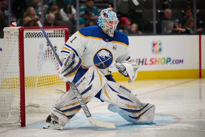 Jan 27, 2024; San Jose, California, USA; Buffalo Sabres goaltender Ukko-Pekka Luukkonen (1) defends the goal against the San Jose Sharks during the second period at SAP Center at San Jose. Mandatory Credit: Robert Edwards-USA TODAY Sports