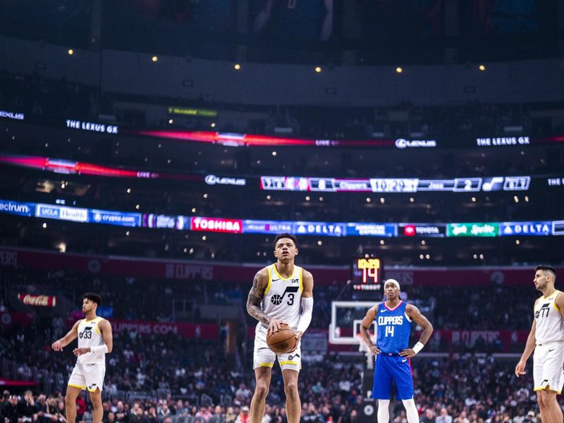 LOS ANGELES, CA - APRIL 12: Keyonte George #3 of the Utah Jazz shoots a free throw during the game against the LA Clippers on April 12, 2024 at Crypto.Com Arena in Los Angeles, California. NOTE TO USER: User expressly acknowledges and agrees that, by downloading and/or using this Photograph, user is consenting to the terms and conditions of the Getty Images License Agreement. Mandatory Copyright Notice: Copyright 2024 NBAE (Photo by Tyler Ross/NBAE via Getty Images)