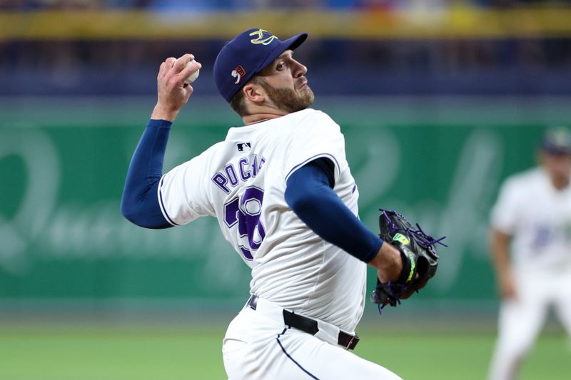 Aug 16, 2024; St. Petersburg, Florida, USA; Tampa Bay Rays pitcher Colin Poche (38) throws a pitch against the Arizona Diamondbacks in the eighth inning at Tropicana Field. Mandatory Credit: Nathan Ray Seebeck-USA TODAY Sports