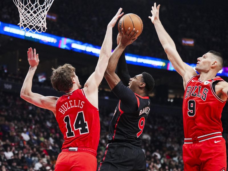 TORONTO, ON - JANUARY 31: RJ Barrett #9 of the Toronto Raptors goes to the basket against Matas Buzelis #14 and Nikola Vucevic #9 of the Chicago Bulls during the first half of their basketball game at the Scotiabank Arena on January 31, 2025 in Toronto, Ontario, Canada. NOTE TO USER: User expressly acknowledges and agrees that, by downloading and/or using this Photograph, user is consenting to the terms and conditions of the Getty Images License Agreement. (Photo by Mark Blinch/Getty Images)