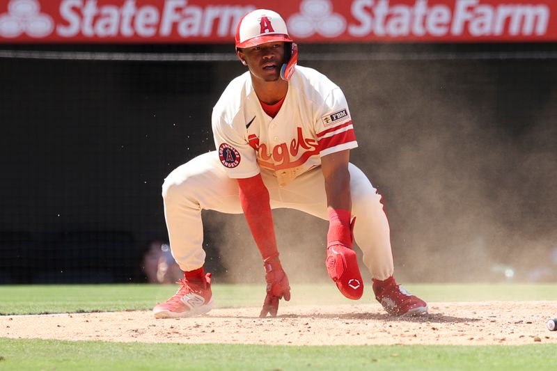 Sep 10, 2023; Anaheim, California, USA; Los Angeles Angels second baseman Kyren Paris (19) looks on after scoring on a ground out by Los Angeles Angels right fielder Randal Grichuk (15) during the third inning against the Cleveland Guardians at Angel Stadium. Mandatory Credit: Jessica Alcheh-USA TODAY Sports