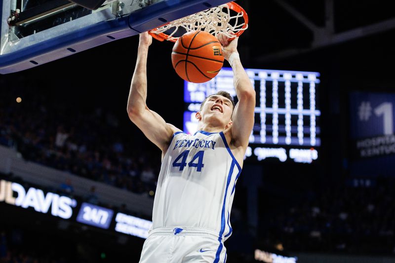 Feb 24, 2024; Lexington, Kentucky, USA; Kentucky Wildcats forward Zvonimir Ivisic (44) dunks the ball during the second half against the Alabama Crimson Tide at Rupp Arena at Central Bank Center. Mandatory Credit: Jordan Prather-USA TODAY Sports