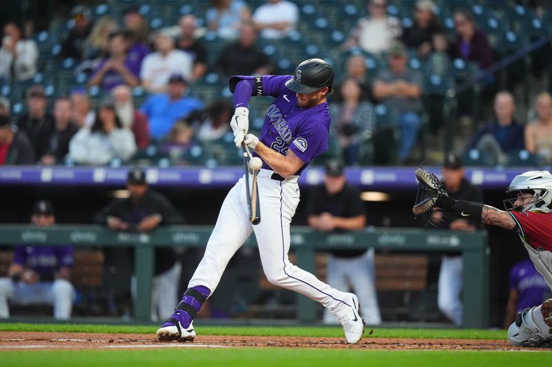 Sep 17, 2024; Denver, Colorado, USA; Colorado Rockies third base Ryan McMahon (24) breaks his bat in the first inning against the Arizona Diamondbacks at Coors Field. Mandatory Credit: Ron Chenoy-Imagn Images