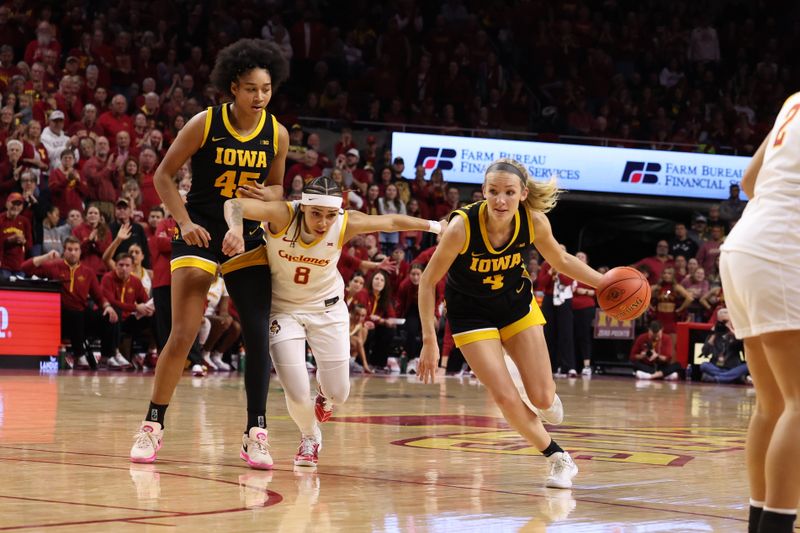 Dec 10, 2025; Ames, Iowa, USA; Iowa Hawkeyes Hannah Stuelke (45) sets a screen on Iowa State Cyclones Jada Williams (8) for teammate Iowa Hawkeyes Kylie Feuerbach (4) during the second half at James H. Hilton Coliseum. Mandatory Credit: Reese Strickland-Imagn Images