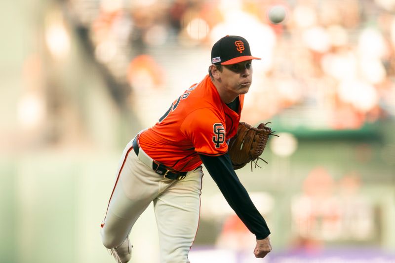 Jun 14, 2024; San Francisco, California, USA; San Francisco Giants starting pitcher Spencer Howard (56) delivers a pitch against the Los Angeles Angels during the first inning at Oracle Park. Mandatory Credit: D. Ross Cameron-USA TODAY Sports