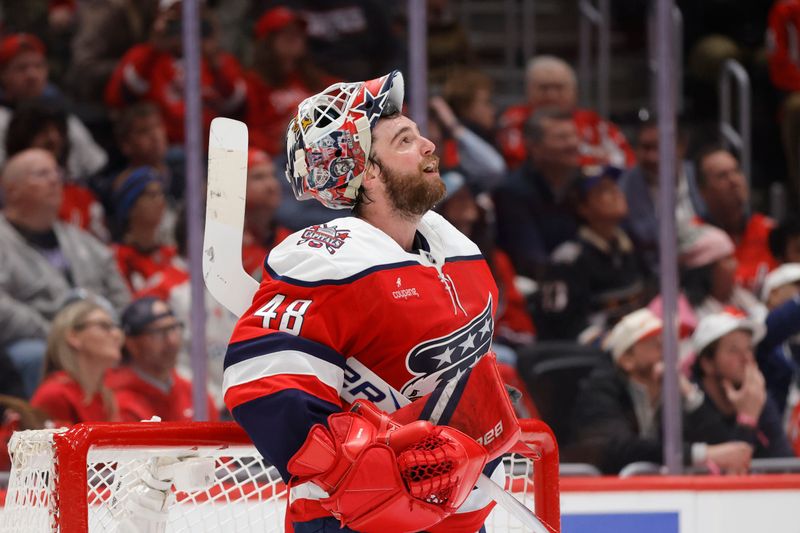 Mar 3, 2026; Washington, District of Columbia, USA; Washington Capitals goaltender Logan Thompson (48) reacts after allowing a goal by Utah Mammoth right wing JJ Peterka (not pictured) during the second period at Capital One Arena. Mandatory Credit: Amber Searls-Imagn Images