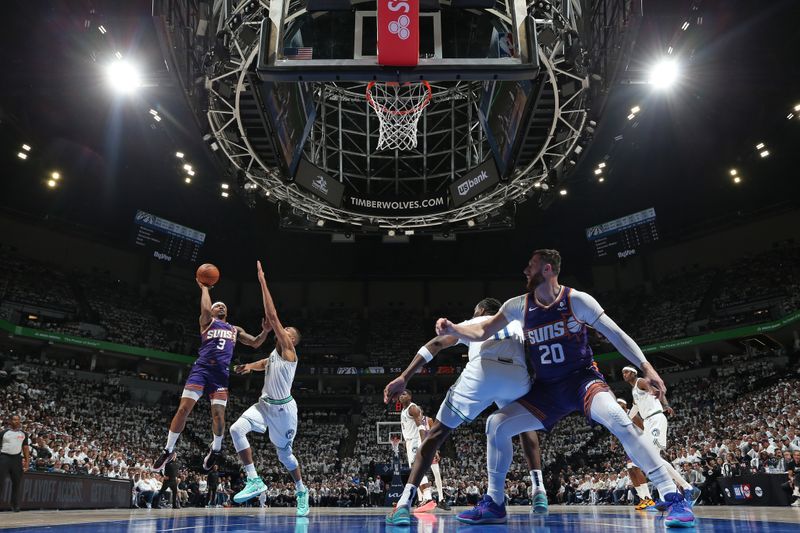 MINNEAPOLIS, MN -  APRIL 23: Bradley Beal #3 of the Phoenix Suns shoots the ball during the game against the Minnesota Timberwolves during Round 1 Game 2 of the 2024 NBA Playoffs on April 23, 2024 at Target Center in Minneapolis, Minnesota. NOTE TO USER: User expressly acknowledges and agrees that, by downloading and or using this Photograph, user is consenting to the terms and conditions of the Getty Images License Agreement. Mandatory Copyright Notice: Copyright 2024 NBAE (Photo by David Sherman/NBAE via Getty Images)