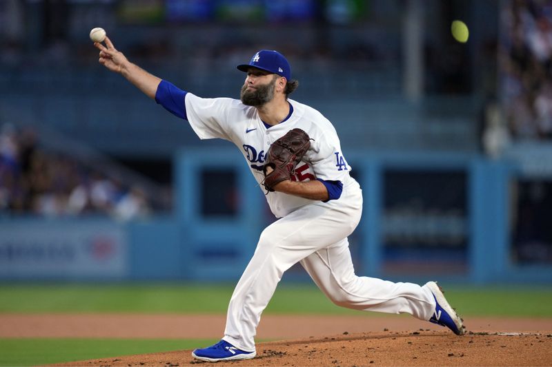 Aug 31, 2023; Los Angeles, California, USA; Los Angeles Dodgers starting pitcher Lance Lynn (35) throws in the first inning against the Atlanta Braves at Dodger Stadium. Mandatory Credit: Kirby Lee-USA TODAY Sports