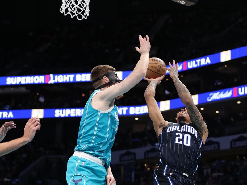 CHARLOTTE, NC - APRIL 5:  Markelle Fultz #20 of the Orlando Magic drives to the basket during the game against the Charlotte Hornets on April 5, 2024 at Spectrum Center in Charlotte, North Carolina. NOTE TO USER: User expressly acknowledges and agrees that, by downloading and or using this photograph, User is consenting to the terms and conditions of the Getty Images License Agreement.  Mandatory Copyright Notice:  Copyright 2024 NBAE (Photo by Brock Williams-Smith/NBAE via Getty Images)