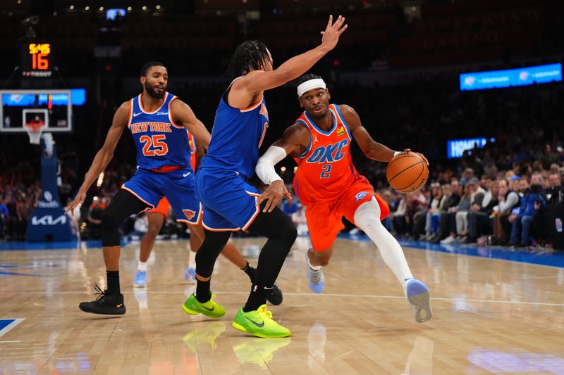 OKLAHOMA CITY, OK - JANUARY 3:  Shai Gilgeous-Alexander #2 of the Oklahoma City Thunder dribbles the ball during the game against the New York Knicks on January 3, 2025 at Paycom Center in Oklahoma City, Oklahoma. NOTE TO USER: User expressly acknowledges and agrees that, by downloading and or using this photograph, User is consenting to the terms and conditions of the Getty Images License Agreement. Mandatory Copyright Notice: Copyright 2025 NBAE (Photo by Cooper Neill/NBAE via Getty Images)