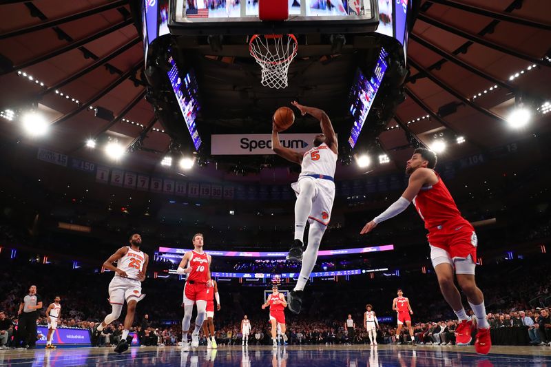 NEW YORK, NY - JANUARY 27: Precious Achiuwa #5 of the New York Knicks drives to the basket during the game against the Memphis Grizzlies on January 27, 2025 at Madison Square Garden in New York City, New York.  NOTE TO USER: User expressly acknowledges and agrees that, by downloading and or using this photograph, User is consenting to the terms and conditions of the Getty Images License Agreement. Mandatory Copyright Notice: Copyright 2025 NBAE  (Photo by David L. Nemec/NBAE via Getty Images)