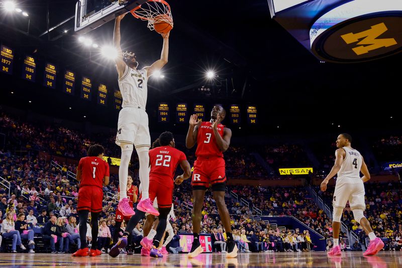 Feb 3, 2024; Ann Arbor, Michigan, USA;  Michigan Wolverines forward Tray Jackson (2) dunks in the first half against the Rutgers Scarlet Knights at Crisler Center. Mandatory Credit: Rick Osentoski-USA TODAY Sports