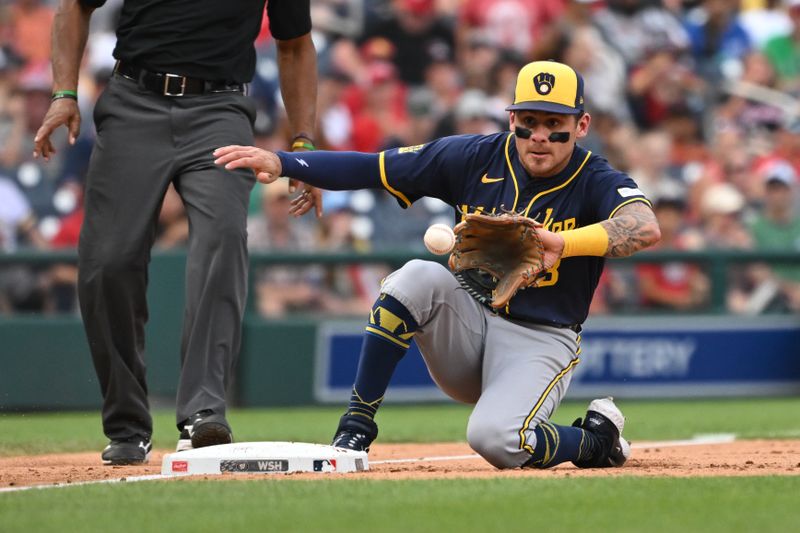 Aug 3, 2024; Washington, District of Columbia, USA; Milwaukee Brewers third baseman Joey Ortiz (3) fields the ball at third base during a stolen base attempt against the Washington Nationals during the fifth inning at Nationals Park. Mandatory Credit: Rafael Suanes-USA TODAY Sports