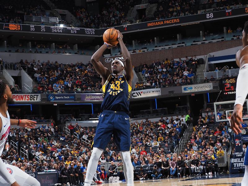 INDIANAPOLIS, IN - FEBRUARY 22:  Pascal Siakam #43 of the Indiana Pacers shoots the ball during the game  on February 22, 2024 at Gainbridge Fieldhouse in Indianapolis, Indiana. NOTE TO USER: User expressly acknowledges and agrees that, by downloading and or using this Photograph, user is consenting to the terms and conditions of the Getty Images License Agreement. Mandatory Copyright Notice: Copyright 2024 NBAE (Photo by Ron Hoskins/NBAE via Getty Images)