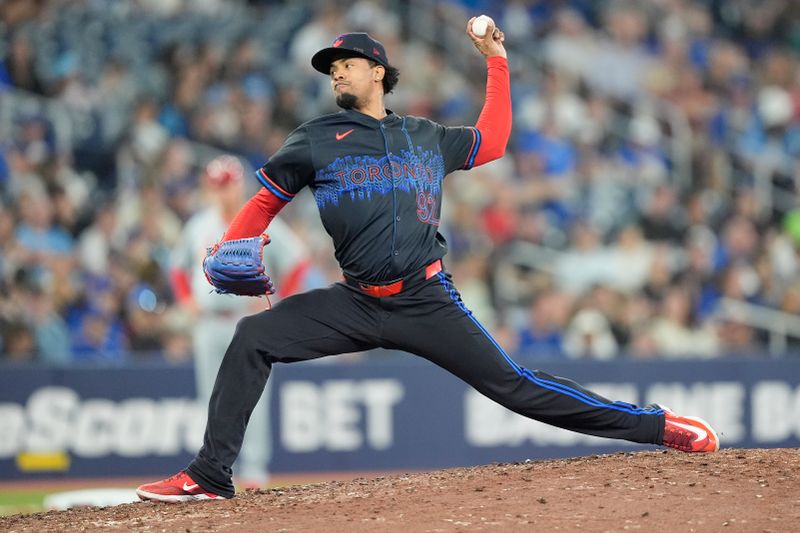 Sep 13, 2024; Toronto, Ontario, CAN; Toronto Blue Jays pitcher Genesis Cabrera (92) pitches to the St. Louis Cardinals during the 8th inning at Rogers Centre. Mandatory Credit: John E. Sokolowski-Imagn Images