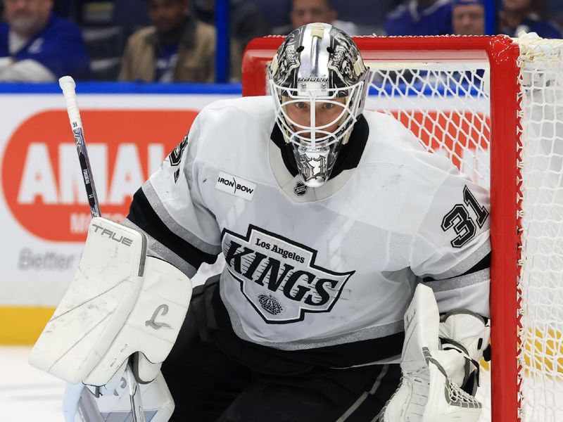 Dec 18, 2025; Tampa, Florida, USA; Los Angeles Kings goaltender Anton Forsberg (31) looks on against the Tampa Bay Lightning during the third period at Benchmark International Arena. Mandatory Credit: Kim Klement Neitzel-Imagn Images