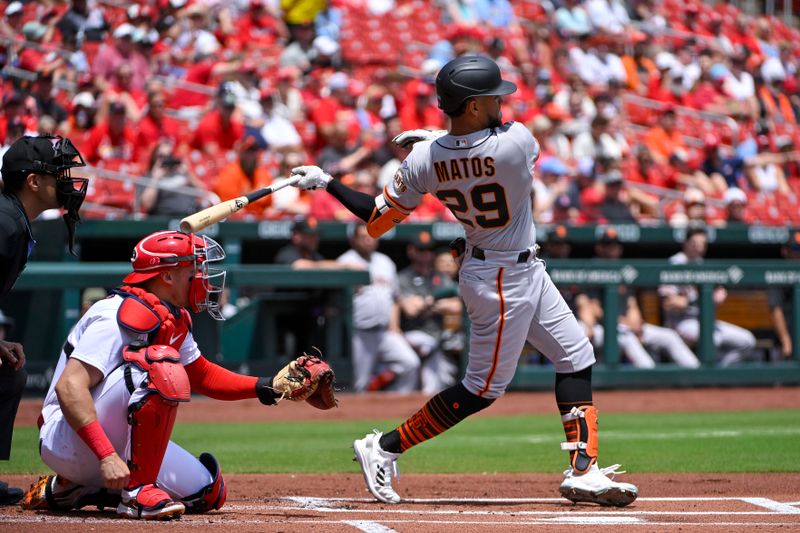 Jun 14, 2023; St. Louis, Missouri, USA;  San Francisco Giants center fielder Luis Matos (29) hits a single in his Major League debut against the St. Louis Cardinals during the first inning at Busch Stadium. Mandatory Credit: Jeff Curry-USA TODAY Sports