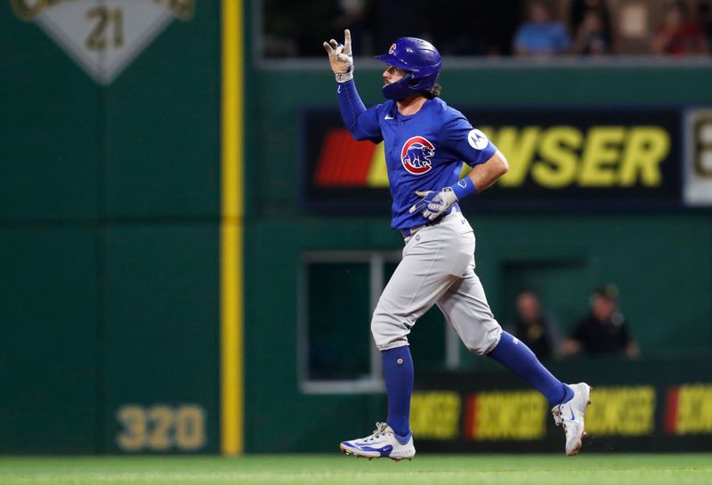 Aug 26, 2024; Pittsburgh, Pennsylvania, USA;  Chicago Cubs shortstop Dansby Swanson (7) circles the bases after hitting a grand slam home run against the Pittsburgh Pirates during the sixth inning at PNC Park. Mandatory Credit: Charles LeClaire-USA TODAY Sports