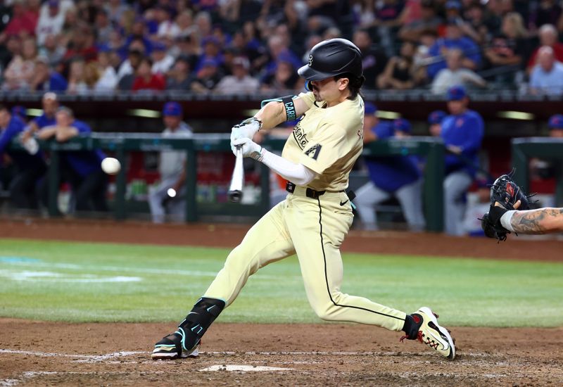 Aug 27, 2024; Phoenix, Arizona, USA; Arizona Diamondbacks outfielder Corbin Carroll hits a two run home run in the seventh inning against the New York Mets at Chase Field. Mandatory Credit: Mark J. Rebilas-USA TODAY Sports