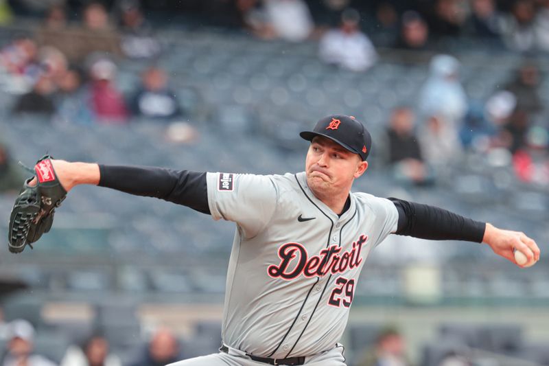 May 5, 2024; Bronx, New York, USA; Detroit Tigers starting pitcher Tarik Skubal (29) delivers a pitch during the first inning against the New York Yankees at Yankee Stadium. Mandatory Credit: Vincent Carchietta-USA TODAY Sports