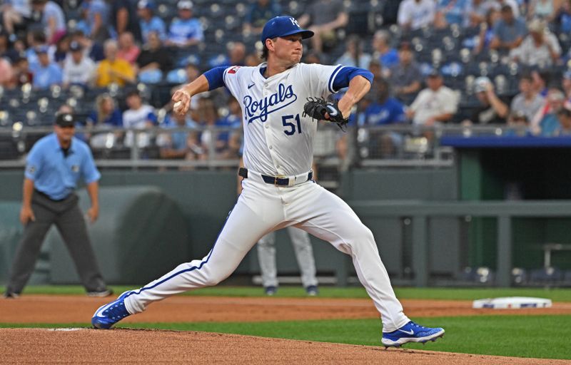 Jul 2, 2024; Kansas City, Missouri, USA; Kansas City Royals starting pitcher Brady Singer (51) delvers a pitch against the Tampa Bay Rays in the first inning at Kauffman Stadium. Mandatory Credit: Peter Aiken-USA TODAY Sports