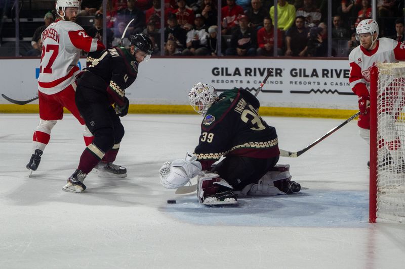 Mar 8, 2024; Tempe, Arizona, USA; Arizona Coyotes goalie Connor Ingram (39) makes the save in the first period during a game against the Detroit Red Wings at Mullett Arena. Mandatory Credit: Allan Henry-USA TODAY Sports