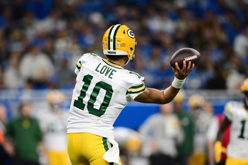 Green Bay Packers quarterback Jordan Love throws during the first half of an NFL football game against the Detroit Lions, Thursday, Nov. 23, 2023, in Detroit. (AP Photo/David Dermer)