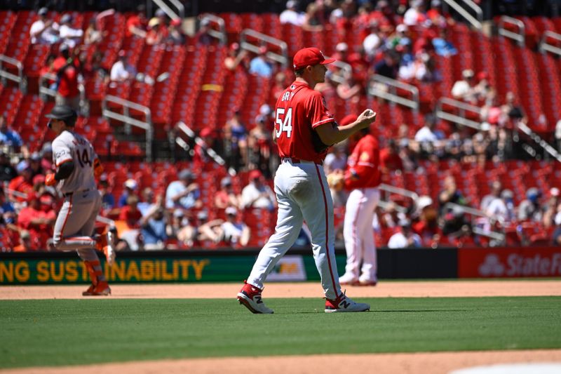 Jun 23, 2024; St. Louis, Missouri, USA; St. Louis Cardinals starting pitcher Sonny Gray (54) reacts after giving up a solo home run to San Francisco Giants catcher Patrick Bailey (14) in the seventh inning at Busch Stadium. Mandatory Credit: Joe Puetz-USA TODAY Sports