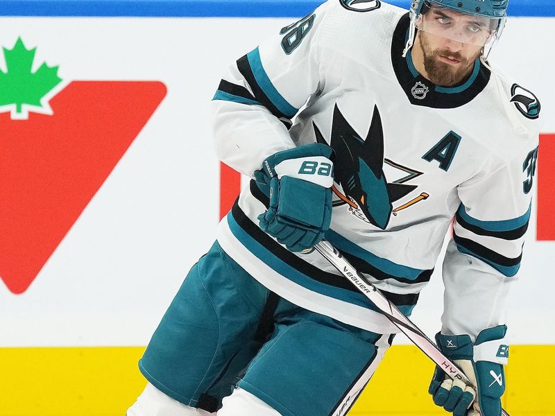 Jan 9, 2024; Toronto, Ontario, CAN; San Jose Sharks defenseman Mario Ferraro (38) skates during the the warm up before a game against the Toronto Maple Leafs at Scotiabank Arena. Mandatory Credit: Nick Turchiaro-USA TODAY Sports