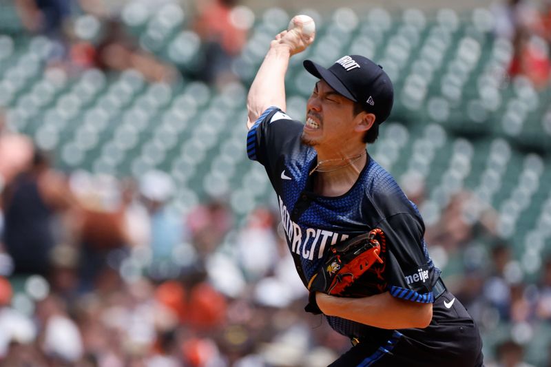 Jun 22, 2024; Detroit, Michigan, USA;  Detroit Tigers starting pitcher Kenta Maeda (18) pitches in the first inning against the Chicago White Sox at Comerica Park. Mandatory Credit: Rick Osentoski-USA TODAY Sports