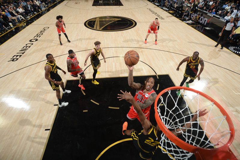 SAN FRANCISCO, CA - MARCH 7: DeMar DeRozan #11 of the Chicago Bulls drives to the basket during the game against the Golden State Warriors on March 7, 2024 at Chase Center in San Francisco, California. NOTE TO USER: User expressly acknowledges and agrees that, by downloading and or using this photograph, user is consenting to the terms and conditions of Getty Images License Agreement. Mandatory Copyright Notice: Copyright 2024 NBAE (Photo by Noah Graham/NBAE via Getty Images)