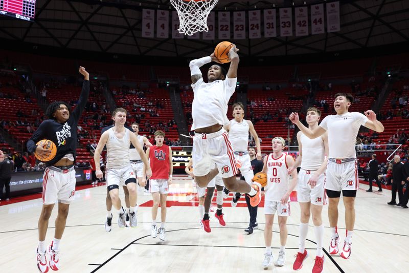 Feb 10, 2024; Salt Lake City, Utah, USA; Utah Utes guard Deivon Smith (5) dunks the ball before the game against the Arizona State Sun Devils at Jon M. Huntsman Center. Mandatory Credit: Rob Gray-USA TODAY Sports