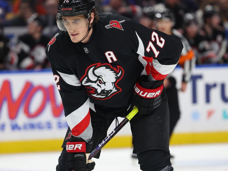Feb 5, 2026; Buffalo, New York, USA;  Buffalo Sabres center Tage Thompson (72) waits for the face-off during the second period against the Pittsburgh Penguins at KeyBank Center. Mandatory Credit: Timothy T. Ludwig-Imagn Images