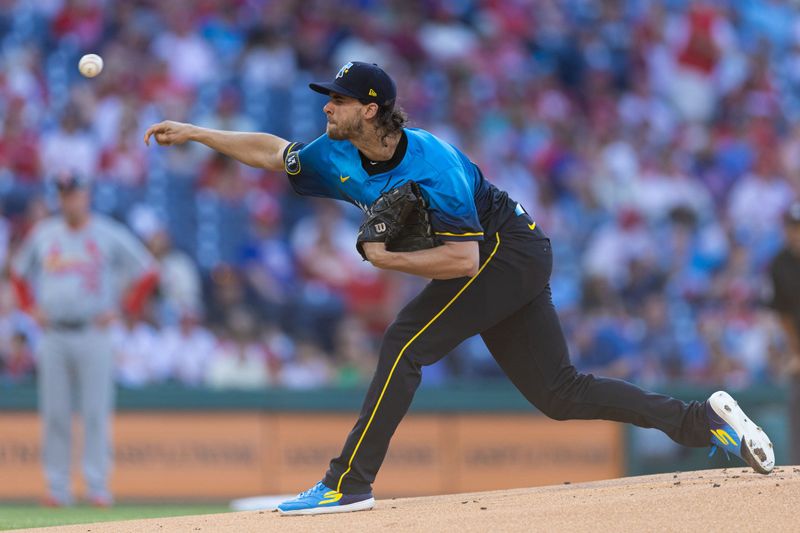 May 31, 2024; Philadelphia, Pennsylvania, USA; Philadelphia Phillies pitcher Aaron Nola (27) throws a pitch during the first inning against the St. Louis Cardinals at Citizens Bank Park. Mandatory Credit: Bill Streicher-USA TODAY Sports