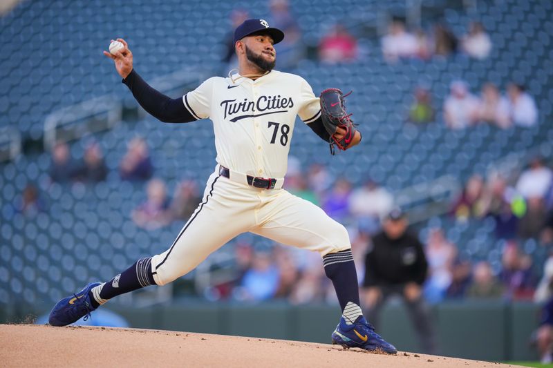 May 6, 2024; Minneapolis, Minnesota, USA; Minnesota Twins pitcher Simeon Woods Richardson (78) pitches against the Seattle Mariners in the first inning at Target Field. Mandatory Credit: Brad Rempel-USA TODAY Sports