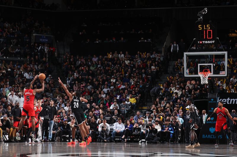 BROOKLYN, NY - APRIL 10: Immanuel Quickley #5 of the Toronto Raptors shoots a go ahead 3-point basket during the game  against the Brooklyn Nets on April 10, 2024 at Barclays Center in Brooklyn, New York. NOTE TO USER: User expressly acknowledges and agrees that, by downloading and or using this Photograph, user is consenting to the terms and conditions of the Getty Images License Agreement. Mandatory Copyright Notice: Copyright 2024 NBAE (Photo by Nathaniel S. Butler/NBAE via Getty Images)