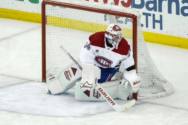 Feb 24, 2024; Newark, New Jersey, USA; Montreal Canadiens goaltender Jake Allen (34) tends net against the New Jersey Devils during the third period at Prudential Center. Mandatory Credit: John Jones-USA TODAY Sports