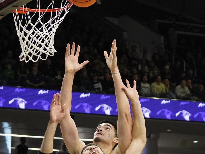 Dec 1, 2023; Evanston, Illinois, USA; Northwestern Wildcats forward Blake Preston (32) and Purdue Boilermakers center Zach Edey (15) go for a rebound during the first half at Welsh-Ryan Arena. Mandatory Credit: David Banks-USA TODAY Sports