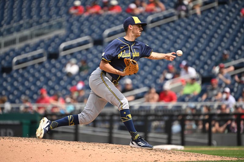 Aug 4, 2024; Washington, District of Columbia, USA; Milwaukee Brewers relief pitcher Hoby Milner (55) throws a pitch against the Washington Nationals during the sixth inning at Nationals Park. Mandatory Credit: Rafael Suanes-USA TODAY Sports
